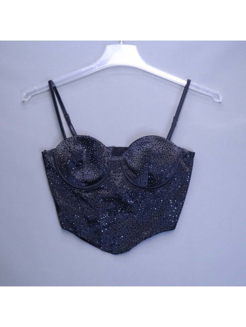NWT Windsor Black Rhinestone Satin Corset Bustier Crop Top Womens Small